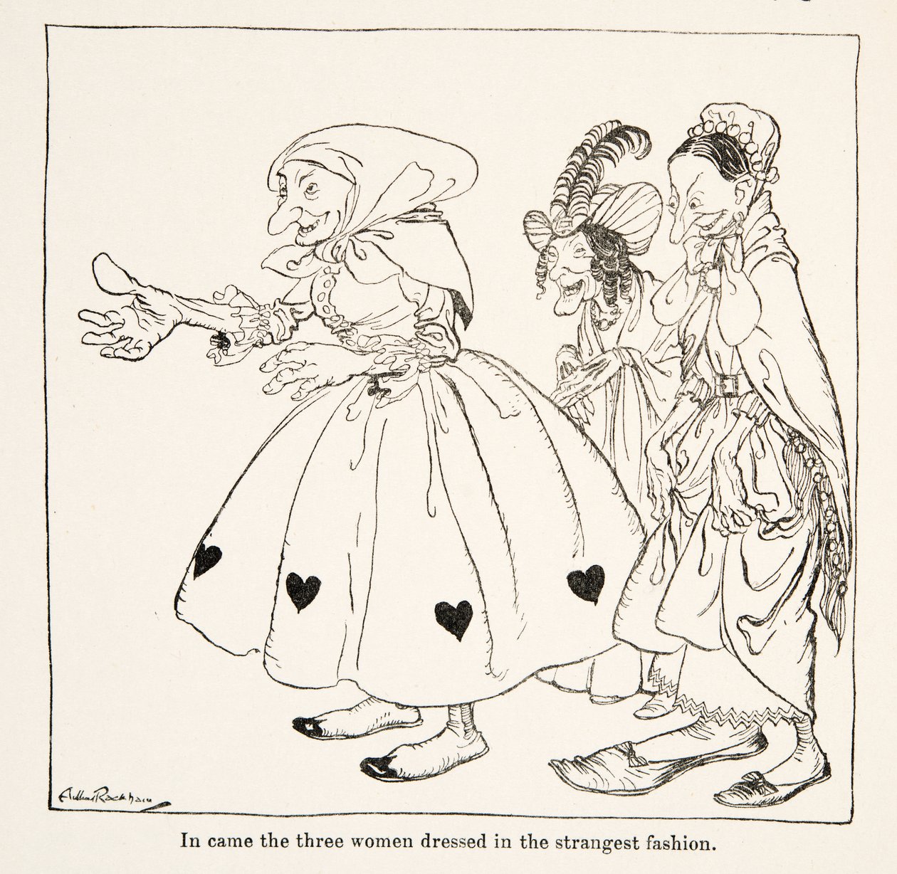 Vieram as três mulheres vestidas da maneira mais estranha, de Little Brother & Little Sister e Outros Contos dos Irmãos Grimm, pub.1917 (litho) de Arthur Rackham