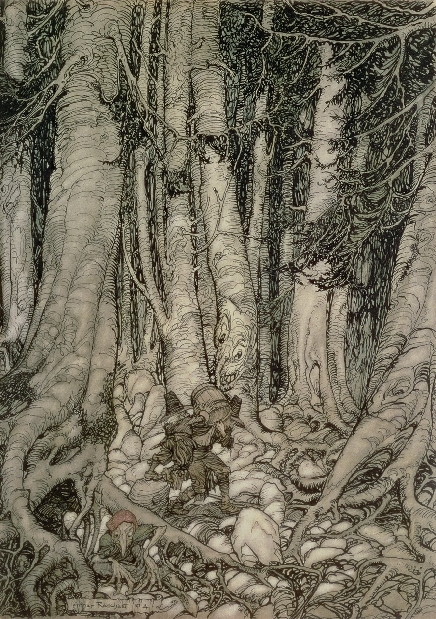 Na floresta com um barril de Rip Van Winkle escrito por Washington Irving (1783-1859), 1905 de Arthur Rackham