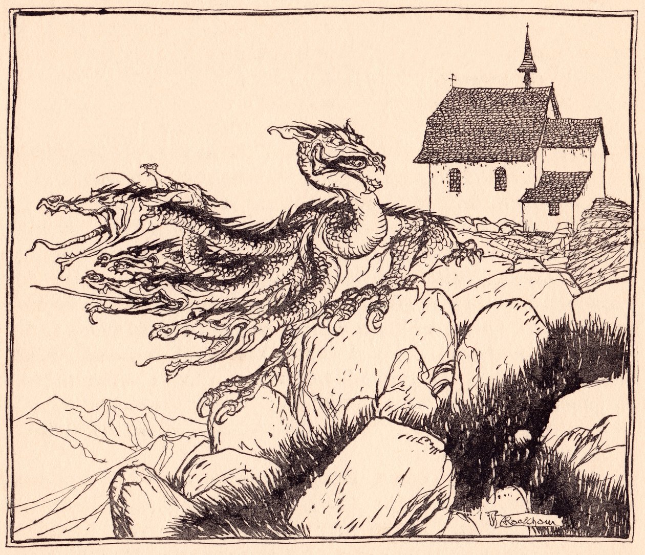 Não demorou muito até que o dragão de sete cabeças viesse, rugindo alto. Ilustração de Arthur Rackham de Grimm