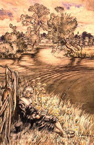 Izaak Walton Reclining Against a Fence, uma de uma série de ilustrações de Izaak Walton, 