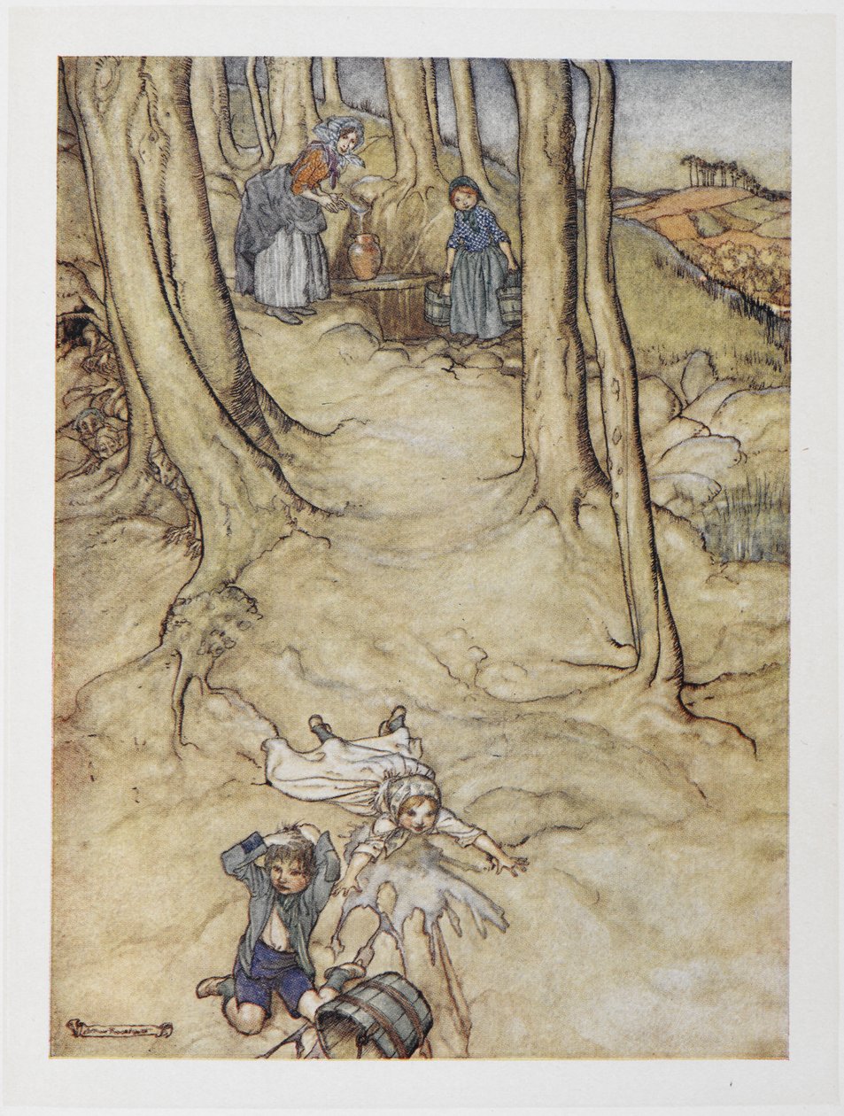 "Jack e Jill". Duas crianças caem de uma colina. Jill derrama um balde de água enquanto Jack bate com a cabeça. de Arthur Rackham