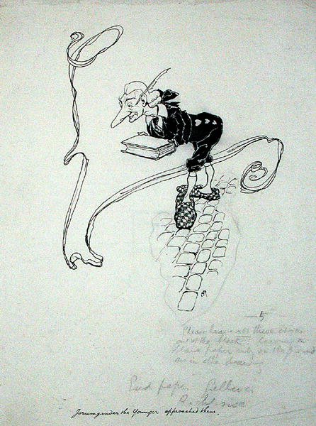 Jorumgander, o Jovem, deixou a sua loja e aproximou-se deles com uma caixa de canetas que ofereceu para venda", ilustração de "The Zankiwank and the Bletherwitch", de S.J. Adair Fitzgerald, publicada em 1896 (caneta e tinta sobre papel) de Arthur Rackham