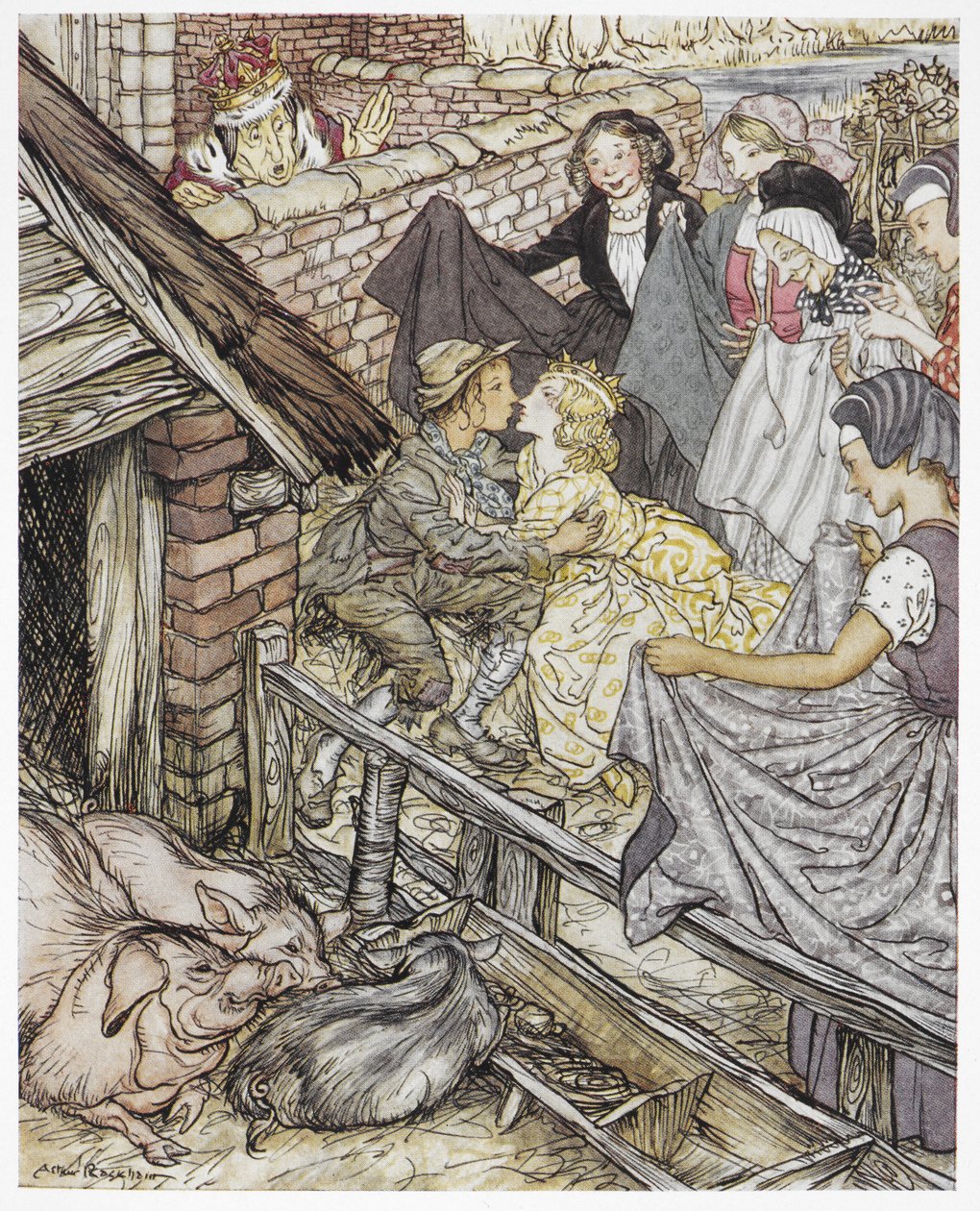 "Tal como o pastor de porcos estava a dar o oitenta e seisº beijo", ilustração para "O pastor de porcos", de Hans Christian Andersen de Arthur Rackham