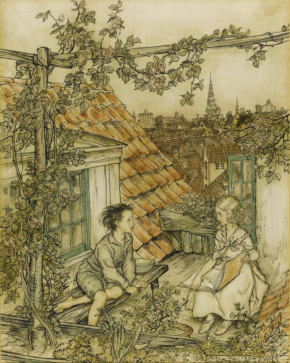 Kay e Gerda em seu jardim no alto do telhado. Ilustração para o conto de A Rainha das Neves, 18 anos de Arthur Rackham