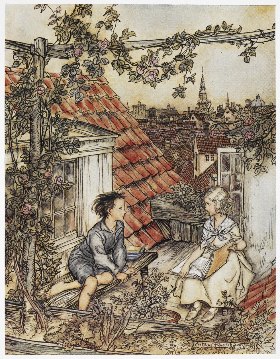 "Kay e Gerda no seu jardim no cimo do telhado". Duas crianças sentadas no telhado de uma casa. Ilustração para "a menina e o menino". de Arthur Rackham