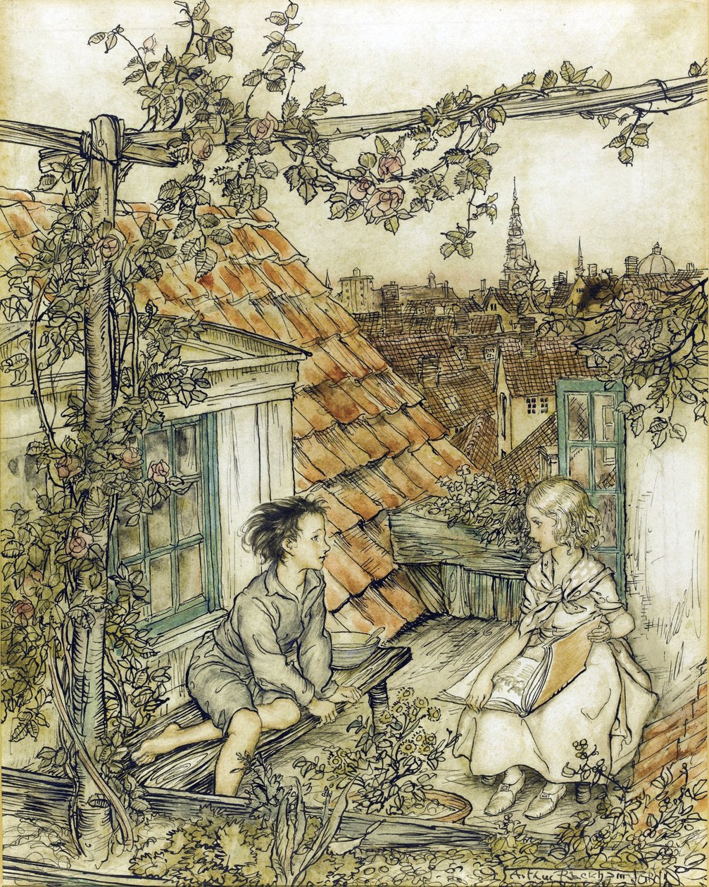 La Reine des neiges - Kay e Gerda no seu jardim no alto do telhado. Ilustração para o conto de The Snow Queen par Rackham, Arthur (1867-1939) de Arthur Rackham