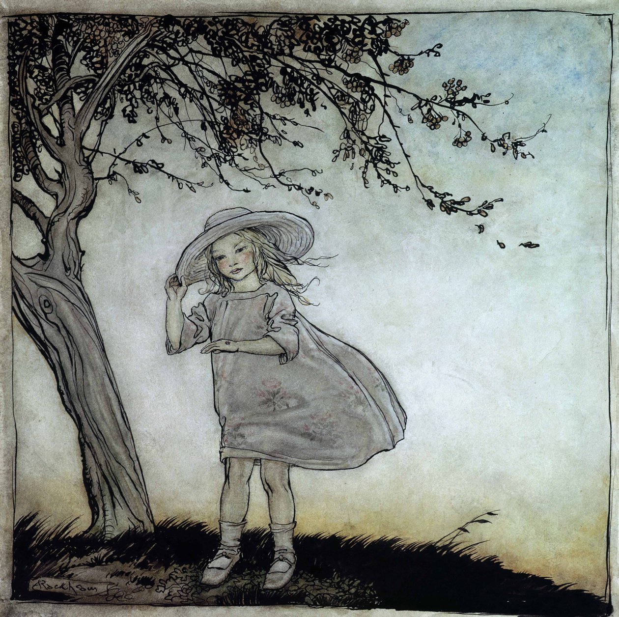 Joaninha, Joaninha Fly Away Home, ilustração de Mamãe Ganso, as antigas rimas de berçário, publicado em 1913 (caneta e tinta & wc no papel) de Arthur Rackham