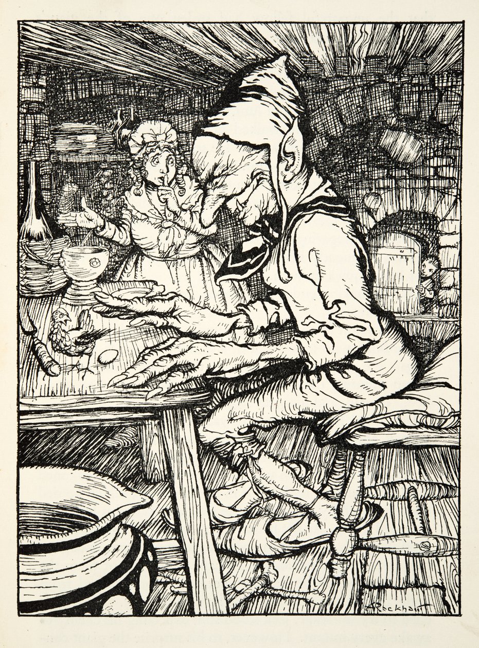 Lay !, rugiu o gigante e, em seguida, a galinha colocou imediatamente um ovo de ouro maciço, do The Arthur Rackham Fairy Book, pub. 1933 de Arthur Rackham