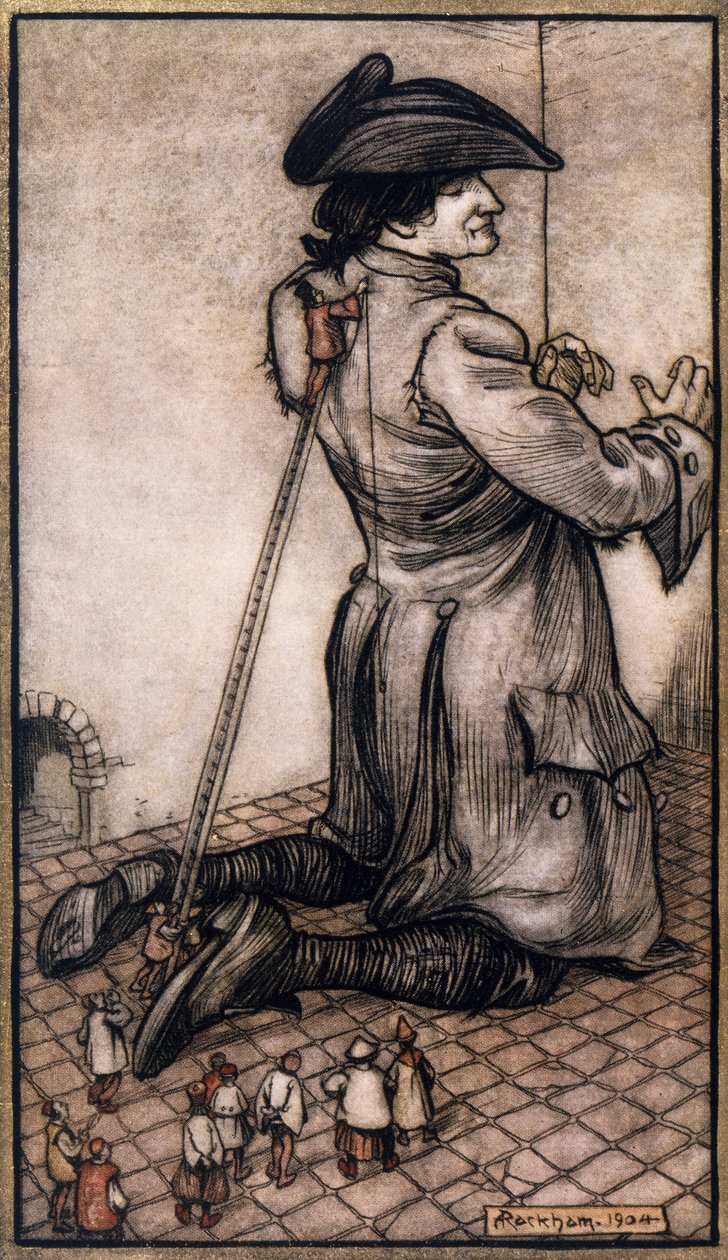 Alfaiates liliputianos medindo Gulliver para fazer-lhe um fato novo, ilustração de Arthur Rackham (1867-1939) de Gulliver