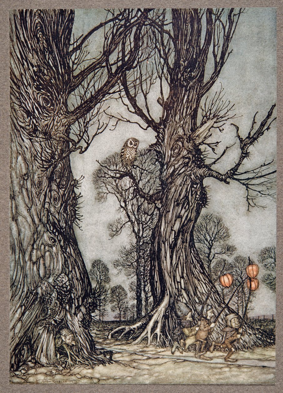 Linkmen correndo na frente carregando cerejas de inverno, de Peter Pan em Kensington Gardens por JM Barrie (1860 - 1937), pub. 1906 de Arthur Rackham