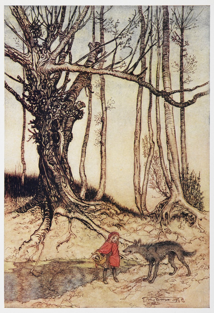 Capuchinho Vermelho e o lobo no bosque. de Arthur Rackham