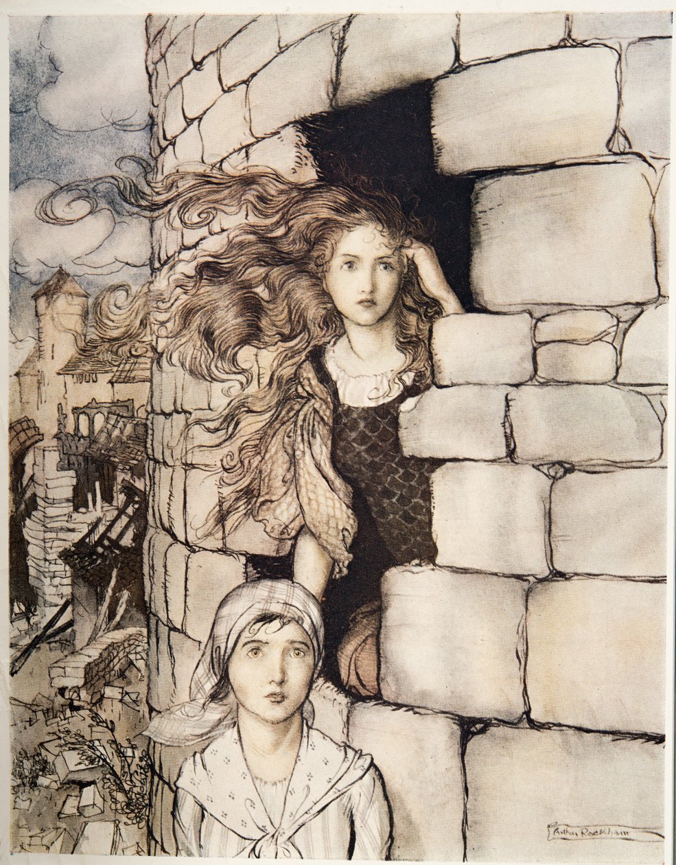 Empregada doméstica Maleen, do irmão pequeno & da irmã mais nova e dos outros contos pelos irmãos Grimm, pub.1917 de Arthur Rackham