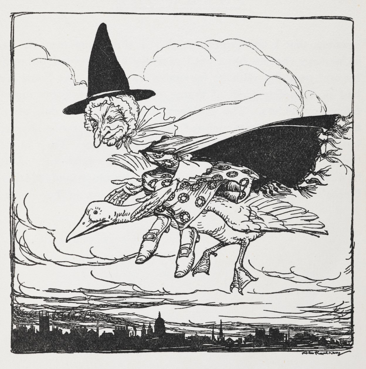 Mãe Ganso voando sobre um ganso. de Arthur Rackham