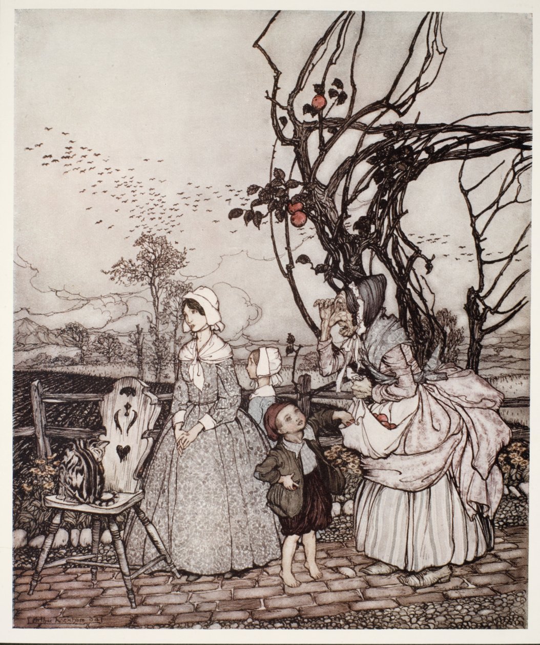 Mãe e filhos voltando de recolher maçãs, de Rip Van Winkle por Washington Irving, pub. 1910 de Arthur Rackham