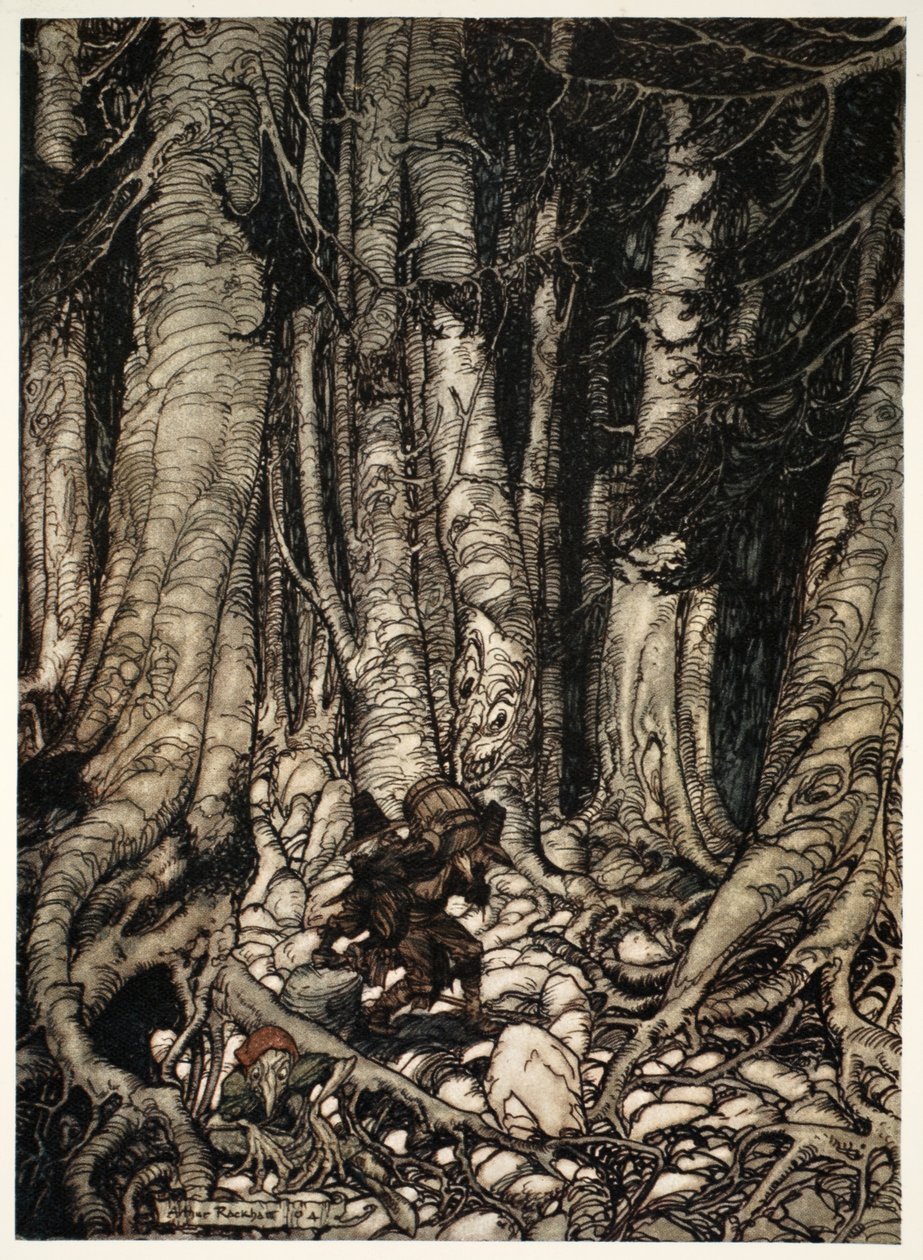 Aliviando-se mutuamente, subiram em um barranco estreito, de Rip Van Winkle, de Washington Irving, pub. 1910 de Arthur Rackham