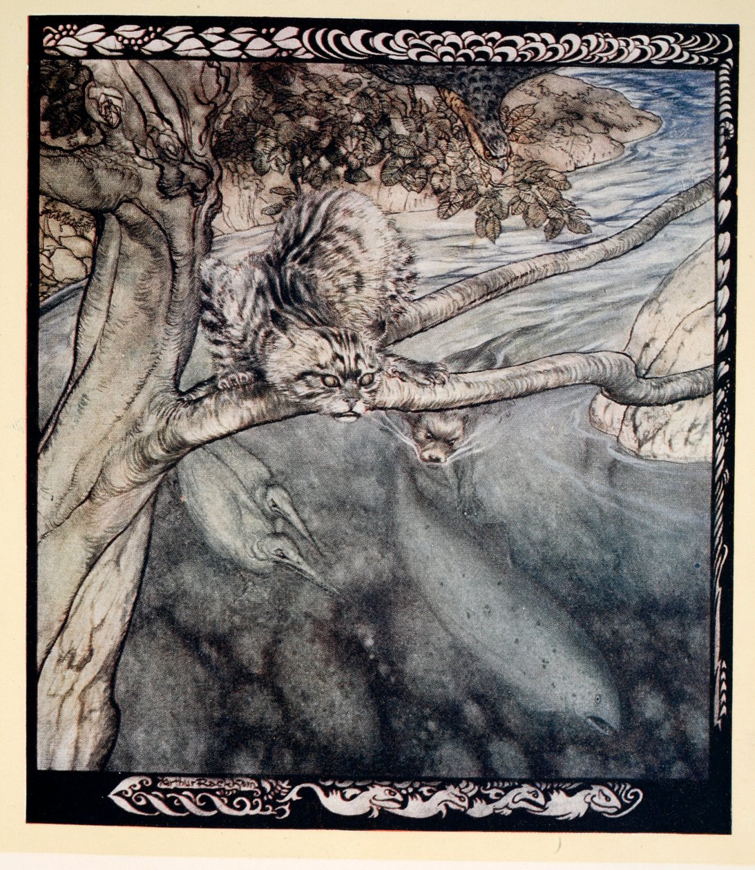"Minha vida se tornou uma corrida incessante e ferida e fuga, um fardo e angústia de vigilância", ilustração de "Irish Fairy Tales", de James Stephens, 1920 de Arthur Rackham