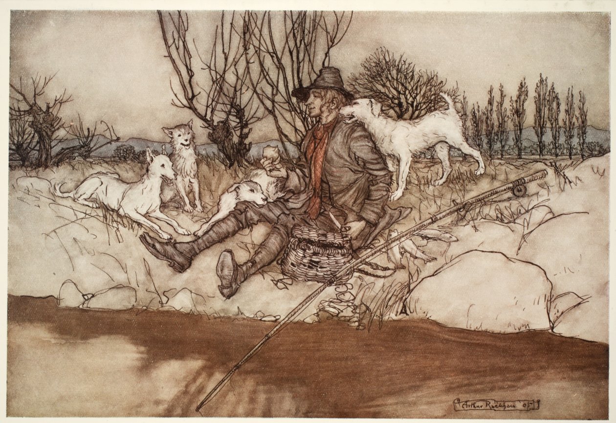 Nenhum cachorro latia para ele em todo o bairro., De Rip Van Winkle, de Washington Irving, pub. 1910 de Arthur Rackham