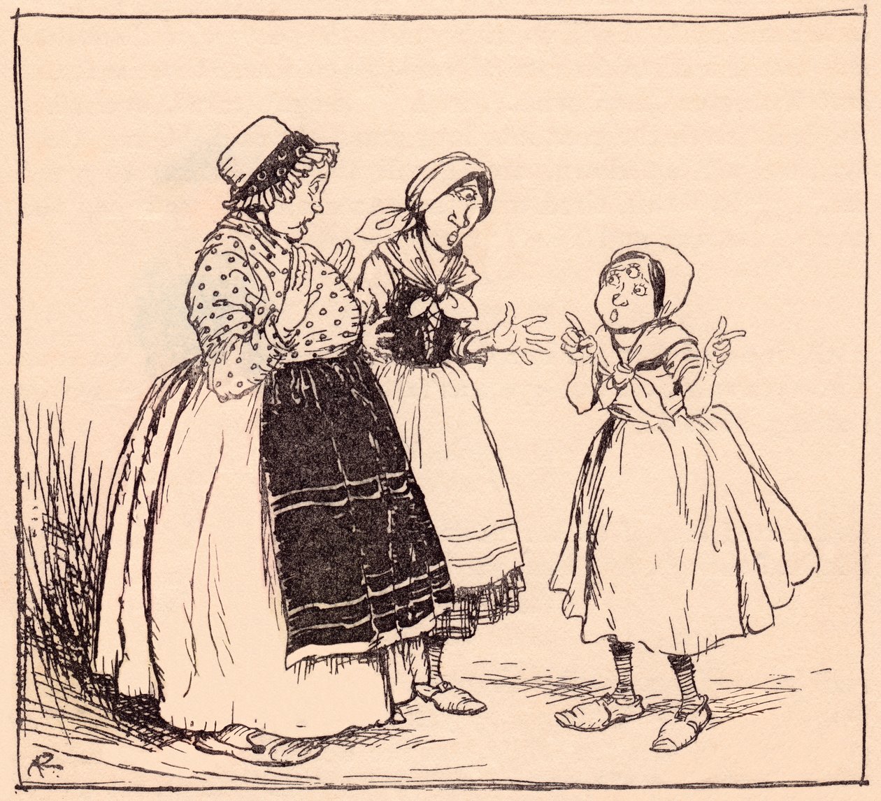 Agora já sei porque é que aquela coisa de empertigado ali não come. Ilustração de Arthur Rackham de Grimm
