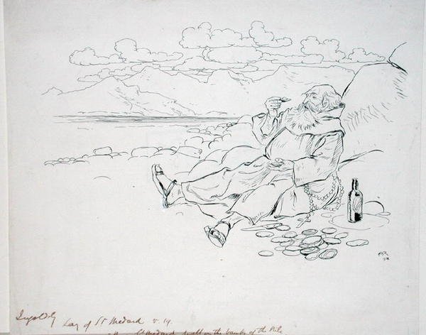 Agora St. Medard morava nas margens do Nilo", ilustração de "The Ingoldsby Legends, ou Mirth and Marvels", de Thomas Ingoldsby, publicada em 1898 (caneta e tinta sobre papel) de Arthur Rackham