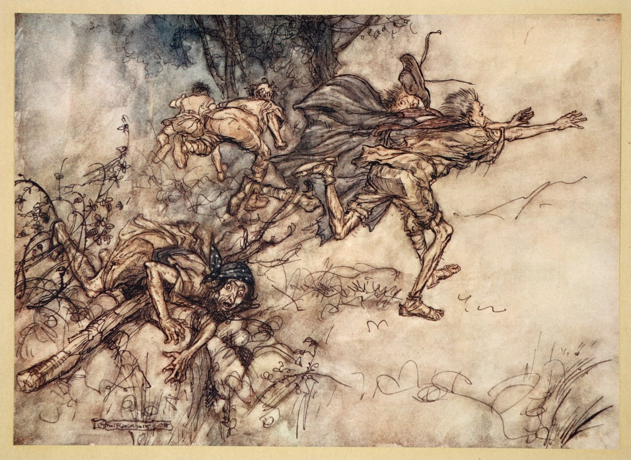 O monstruoso! O estranho! nós somos assombrados. Ore, mestres! voar, mestres! Socorro !, ilustração de &39;Sonho de Noites de Verão&39; de William Shakespeare, 1908 de Arthur Rackham