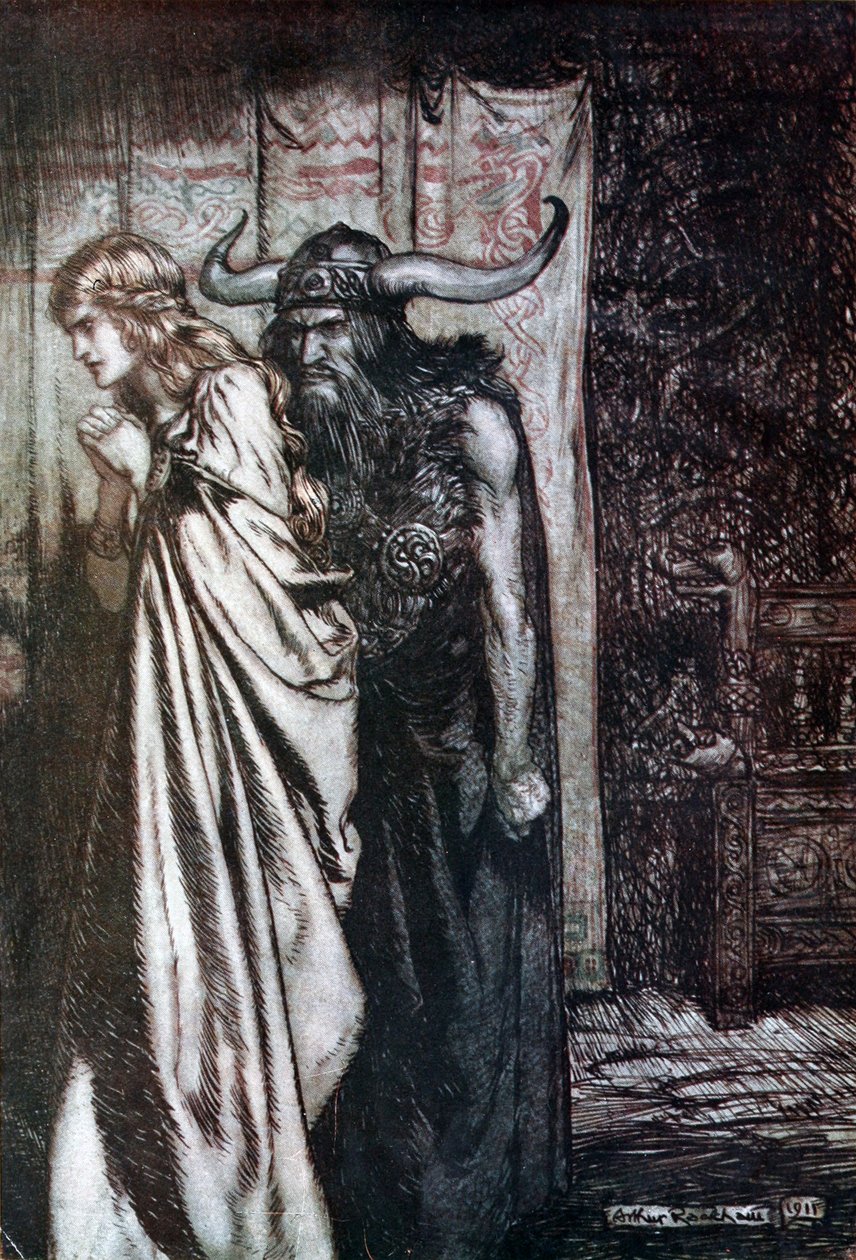 Ó esposa traída, vingarei que eles confiam enganados! Ilustração para Siegfried e The Twilight of t de Arthur Rackham