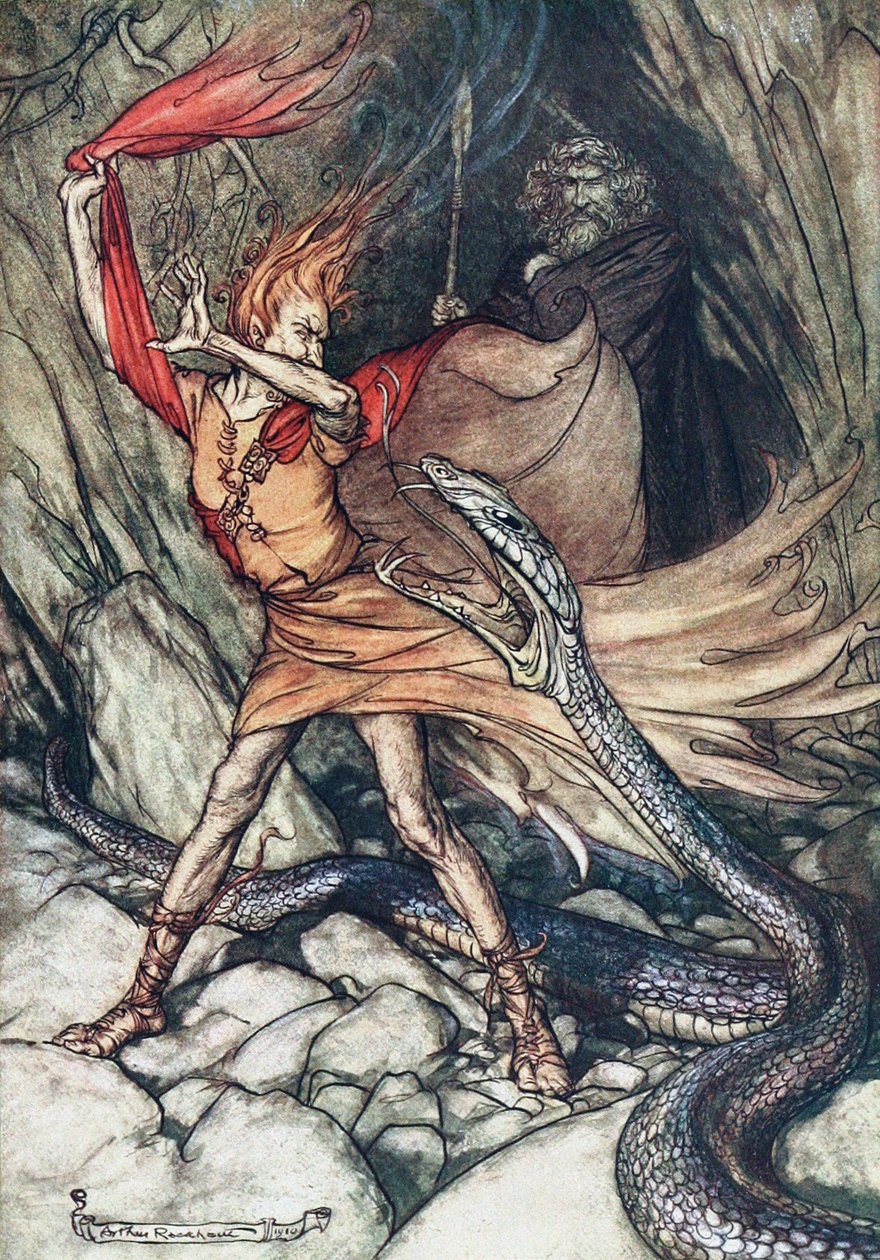 Ohe! Ohe! Dragão terrível, oh, não me engula! Ilustração para The Rhinegold e The Valkyrie por de Arthur Rackham