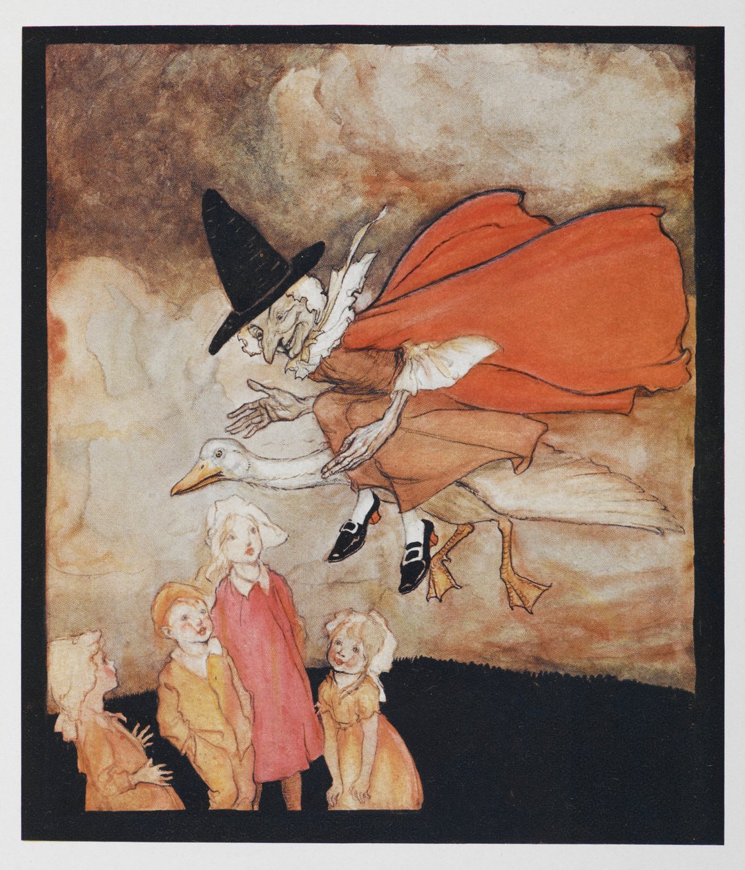 Velha Mãe Ganso, sobrevoando algumas crianças com uma capa vermelha e um chapéu preto. de Arthur Rackham