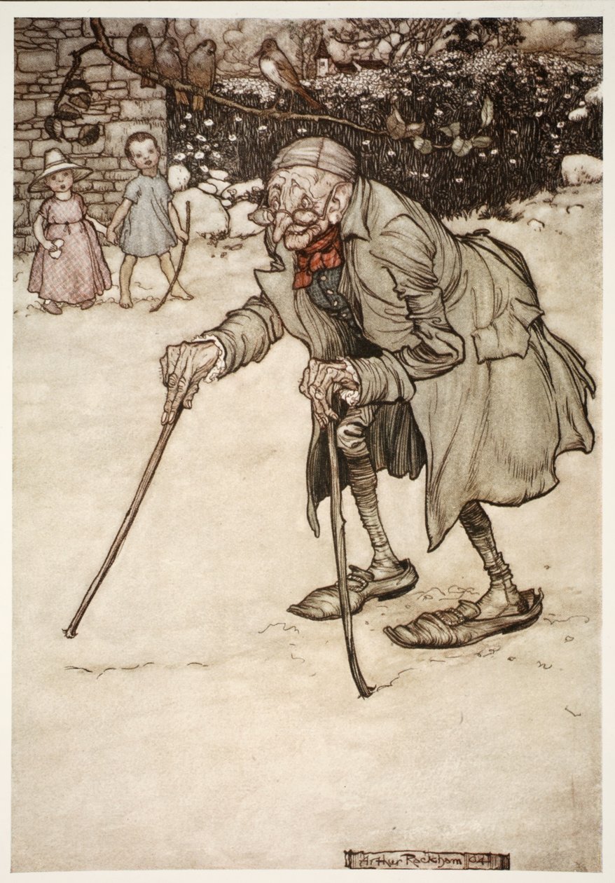 Ancião com duas varas, de Rip Van Winkle por Washington Irving, bar. 1910 de Arthur Rackham