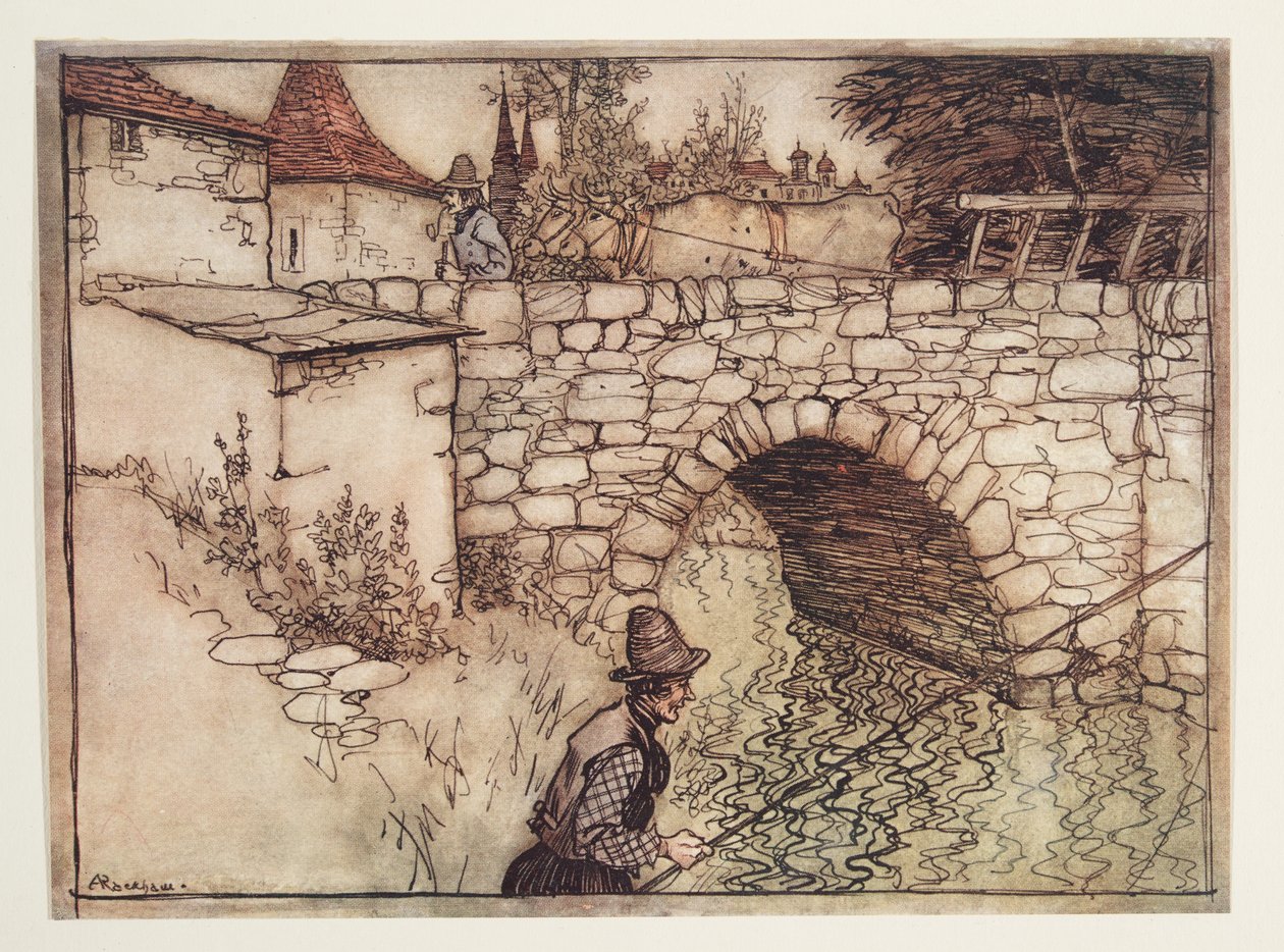 Era uma vez um camponês pobre, chamado Crabb, estava levando uma carga de madeira puxada por dois bois para a cidade à venda, de The Fairy Tales do Brothers Grimm, pub. 1909 de Arthur Rackham