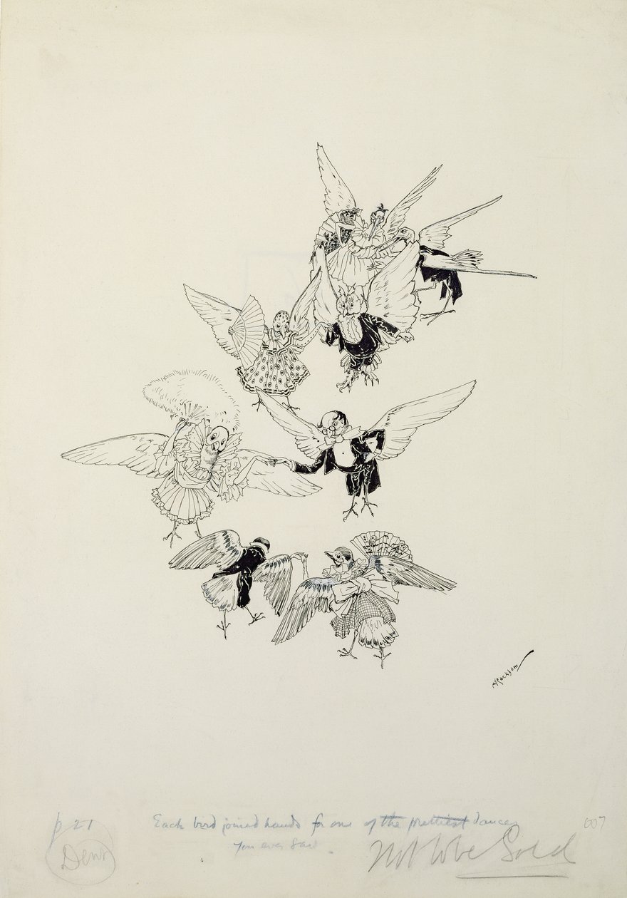 Uma das mais belas danças que você já viu, ilustração de The Zankiwank and the Bletherwitch, de SJ Adair Fitzgerald, publicada em 1896 (caneta e tinta) de Arthur Rackham
