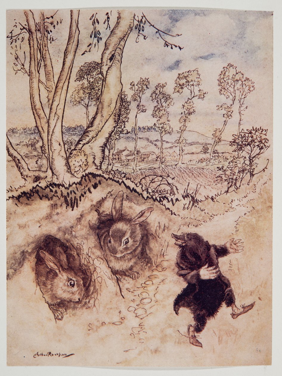 Molho de cebola! Molho de cebola! ele comentou zombeteiramente, e foi embora antes que eles pudessem pensar em uma resposta, de Wind in the Willows por Kenneth Grahame (1859 - 1932), pub. 1940 de Arthur Rackham