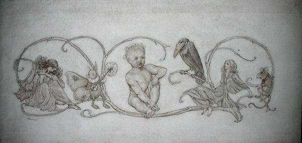 Peter Pan, ilustração de "Peter Pan in Kensington Gardens, London", publicado em 1906 (caneta e tinta & aquarela sobre papel) de Arthur Rackham