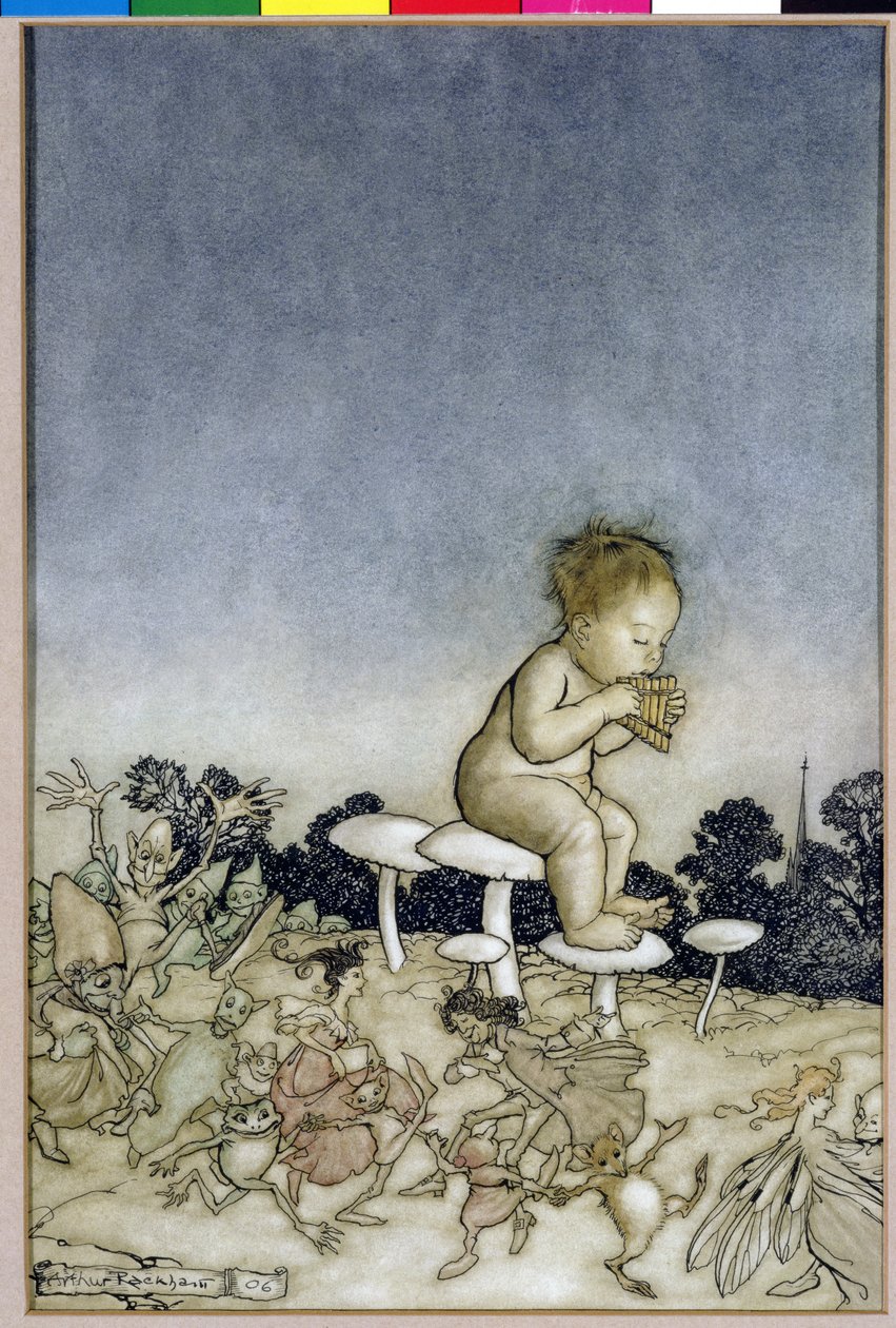 Peter Pan é a Orquestra de Fadas, ilustração de Peter Pan em Kensington Gardens, por JM Barrie, 1806 (caneta e tinta e wc no papel) de Arthur Rackham