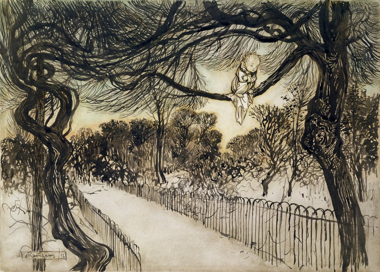 Peter Pan em um ramo, cena de Peter Pan em Kensington Gardens por JM Barrie, 1912 (caneta e tinta e wc) de Arthur Rackham