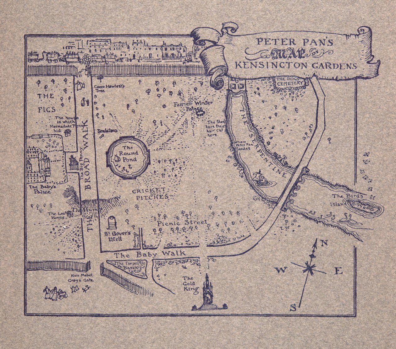 Mapa de Peter Pans de jardins de Kensington, de Peter Pan em jardins de Kensington por JM Barrie (1860 - 1937), bar. 1906 de Arthur Rackham