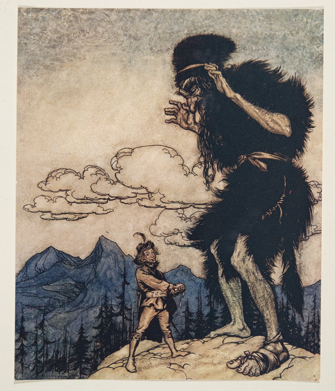Puxando o pedaço de queijo macio do bolso, ele apertou-o até que a umidade se esgotou ... de Os contos de fada dos irmãos Grimm, pub. 1909 de Arthur Rackham