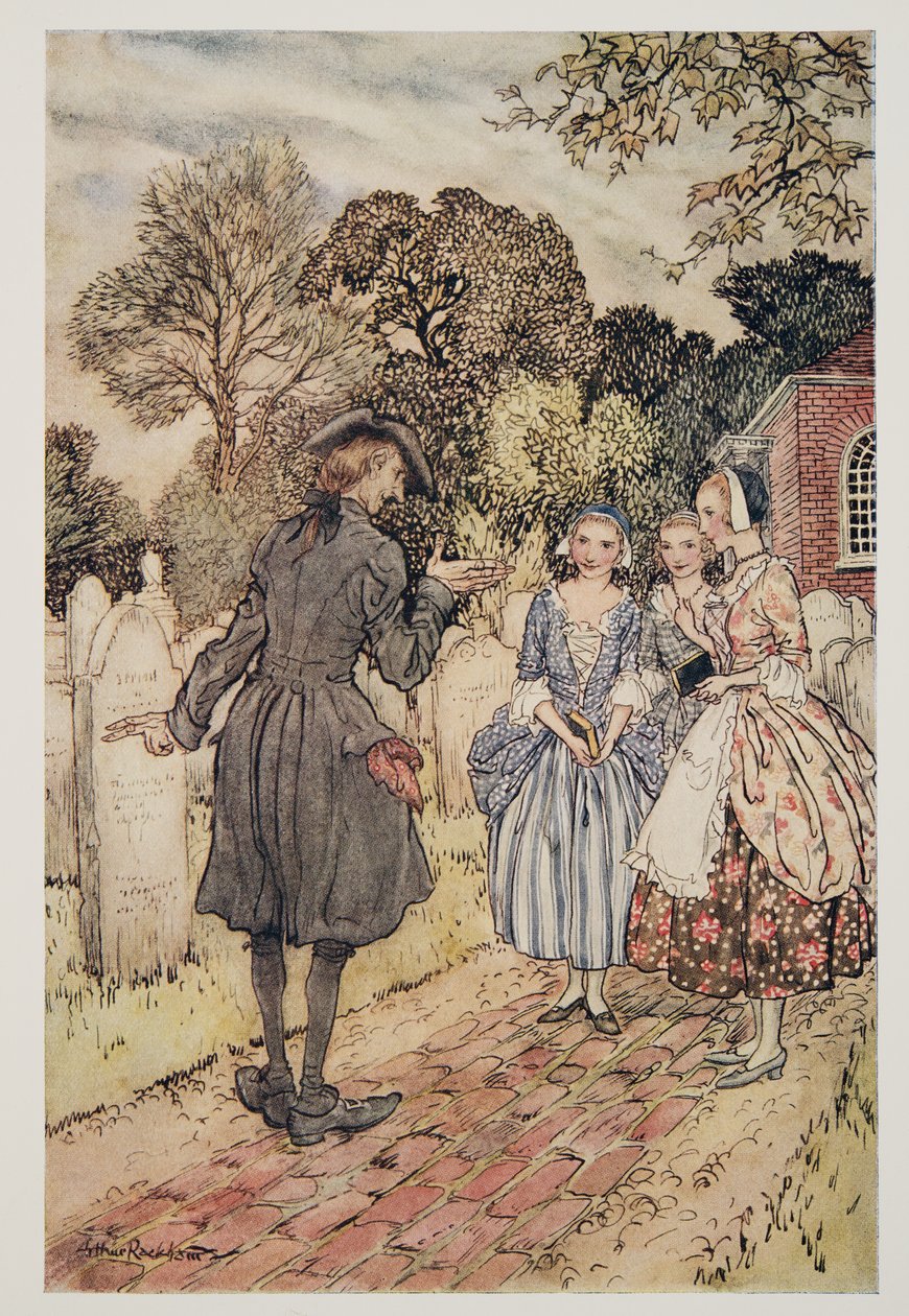 Recitando para sua diversão todos os Epitáfios nas Lápides ..., de The Legend of Sleepy Hollow por Washington Irving (1783 - 1859), pub. 1928 de Arthur Rackham