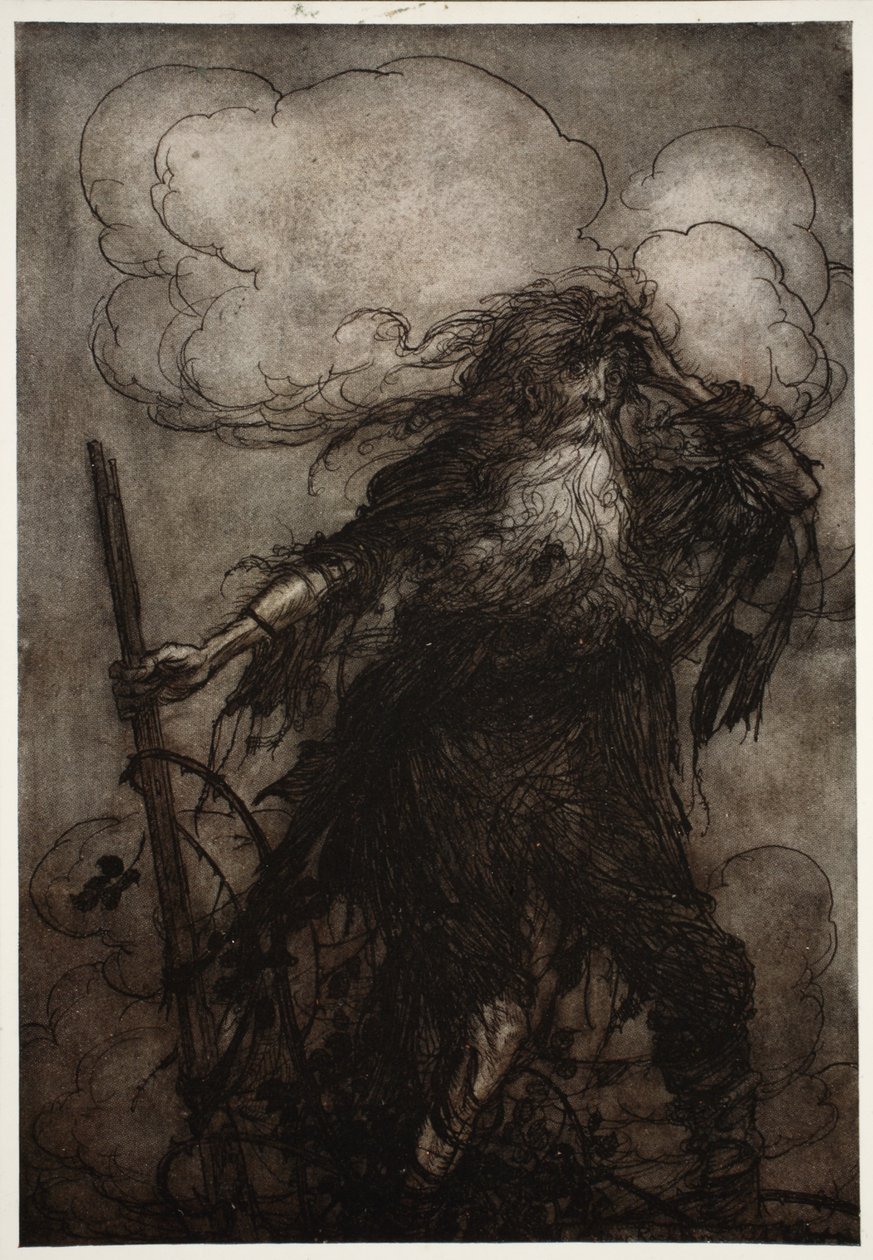 Rip acorda. Certamente, embora ele, eu não tenha dormido aqui a noite toda Aquele jarro! Aquele jarro malvado! Que desculpa devo fazer a Dame Van Winkle de Rip Van Winkle por Washington Irving, pub. 1910 de Arthur Rackham