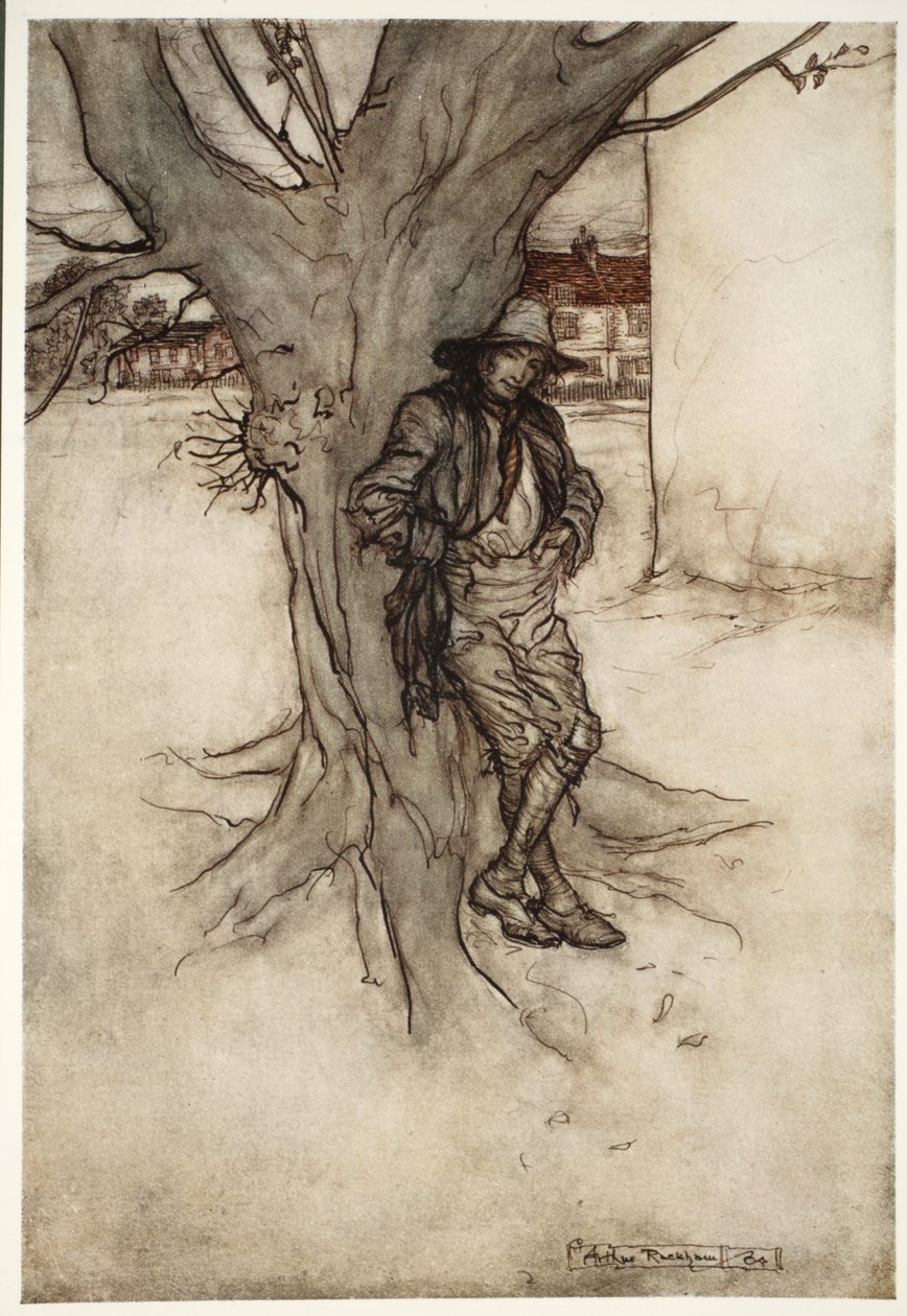 Rips filho, uma contraparte precisa de si mesmo, enquanto subia a montanha, de Rip Van Winkle, de Washington Irving, pub. 1910 de Arthur Rackham