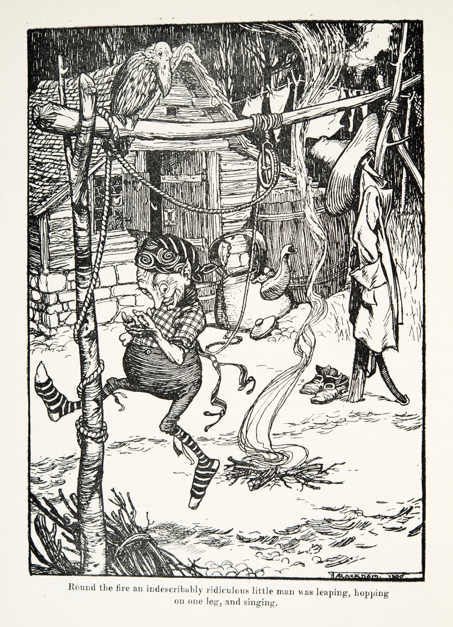 Em volta do fogo, um homenzinho indescritivelmente ridículo saltava, pulava de um lado para o outro e cantava no pub The Fairy Tales ofthe Brothers Grimm. 1909 de Arthur Rackham