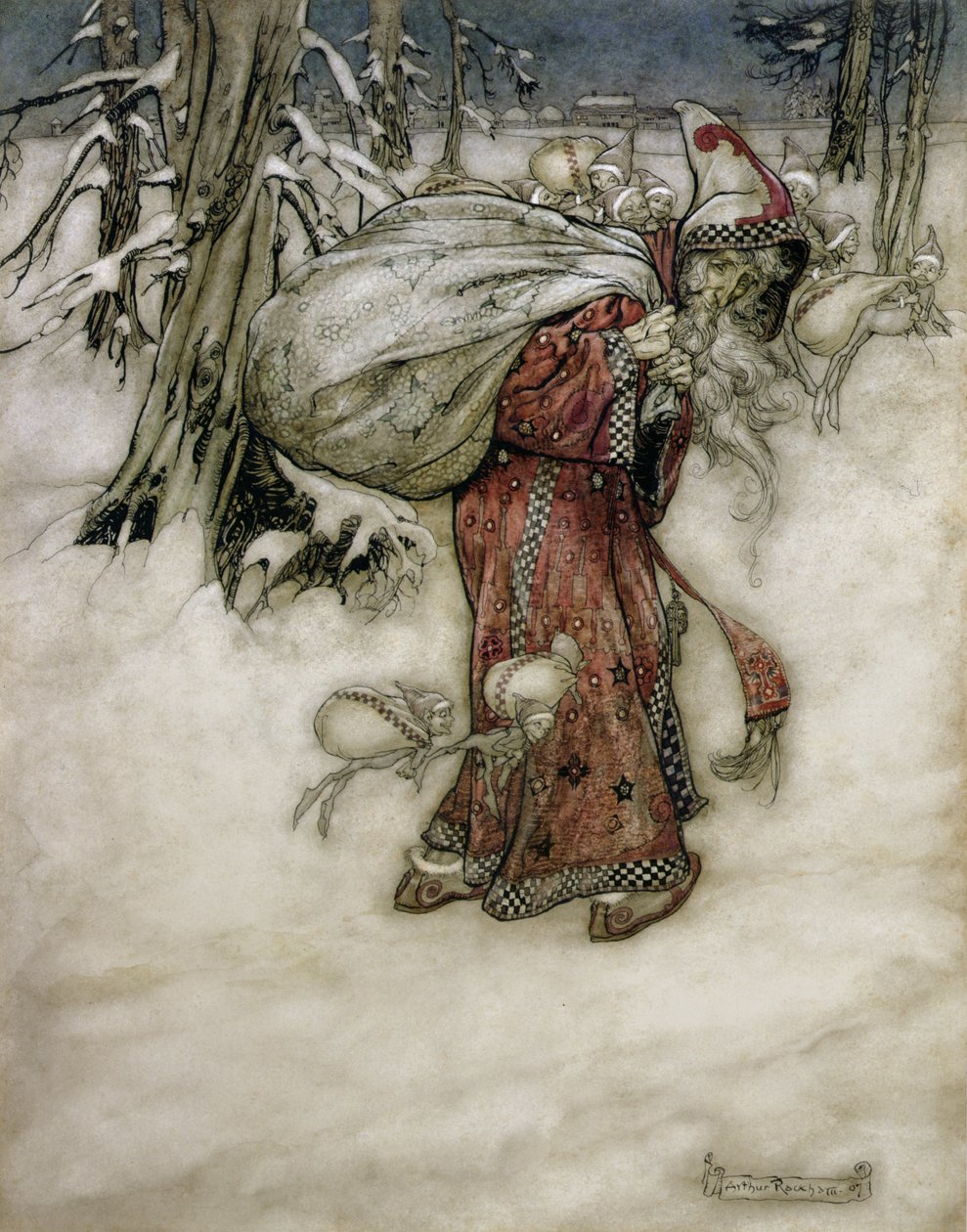 Papai Noel, ilustração de Arthur Rackhams Livro de fotos, 1907, publicado em 1913 (caneta, tinta & wc no papel) de Arthur Rackham