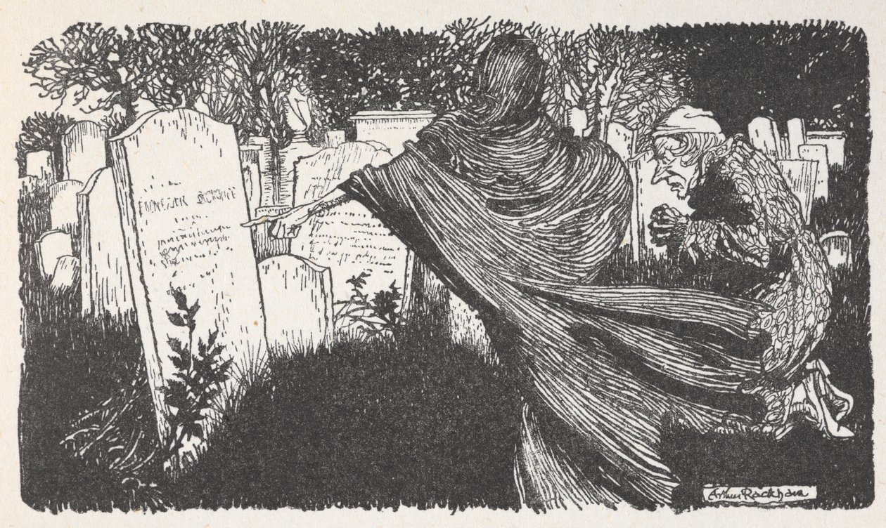 Scrooge e um fantasma num cemitério à noite. de Arthur Rackham