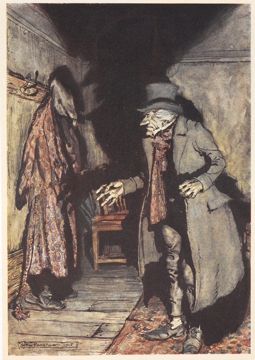 Scrooge em sua casa à noite de Arthur Rackham
