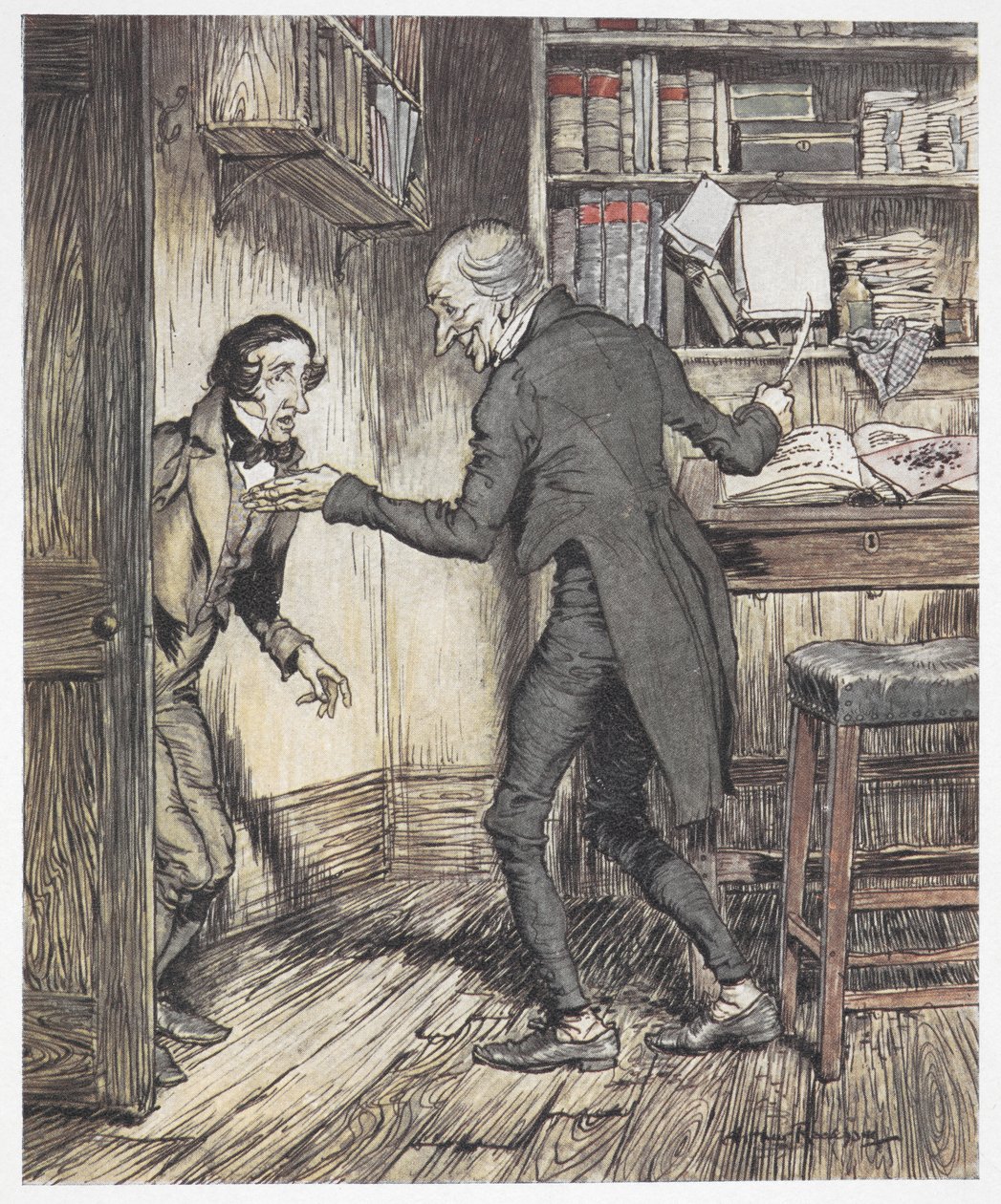 Scrooge escrevendo no seu escritório quando outro homem entra de Arthur Rackham