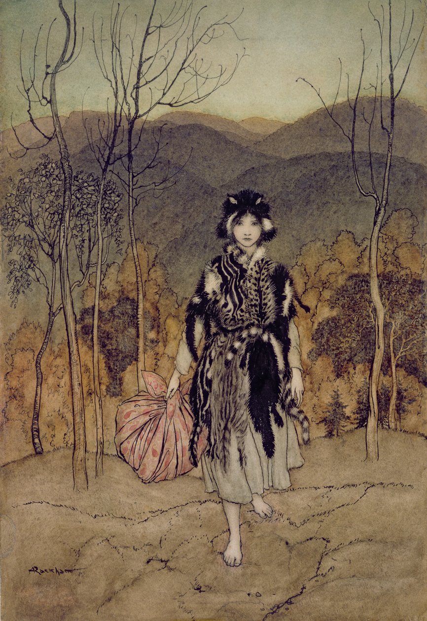 Ela foi junto, e foi junto, e foi ao longo de Catskin, ilustração de contos de fadas ingleses, recontada por FA Steel, 1918 (pena e tinta, wc) de Arthur Rackham