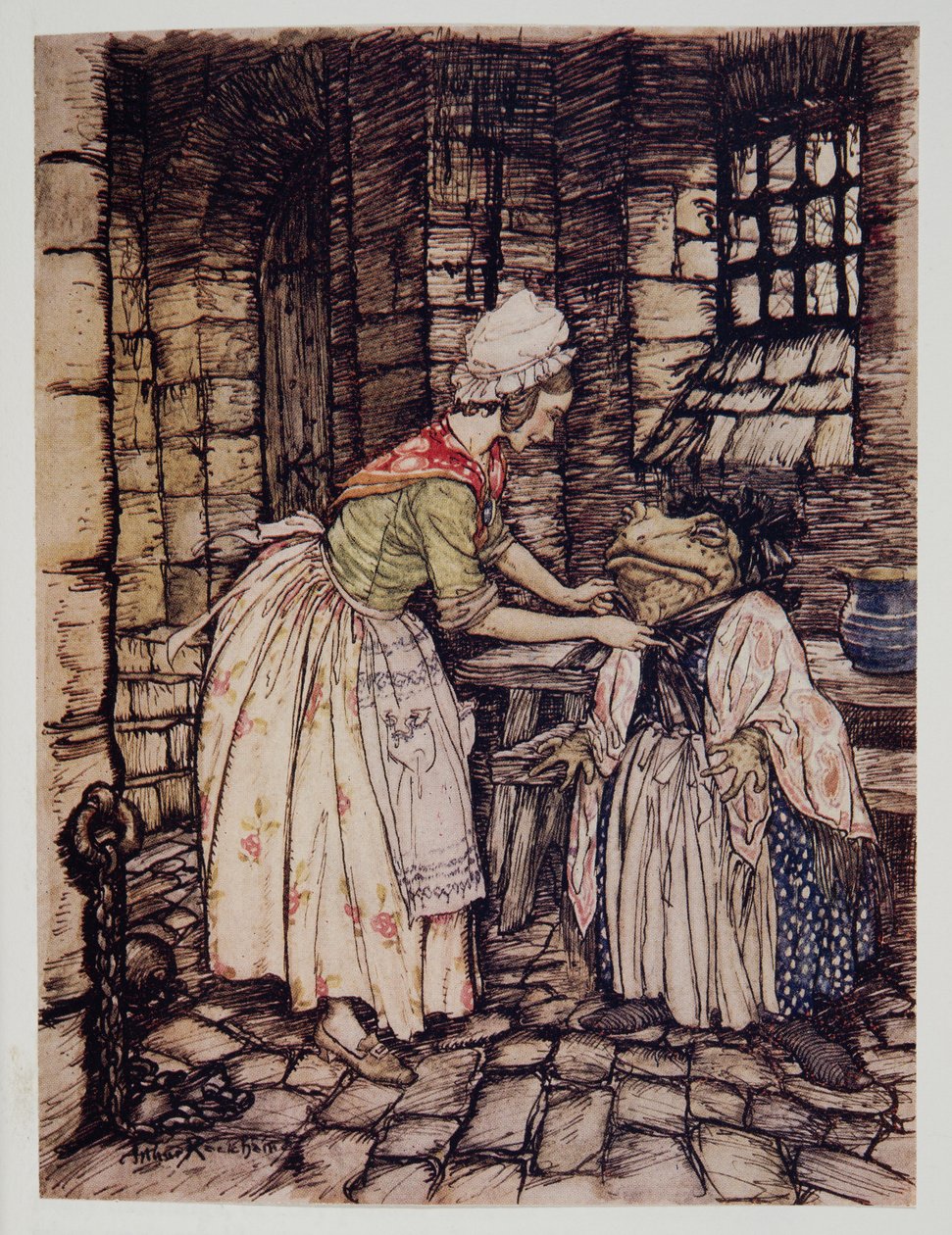Ela arrumou o xale com uma dobra progressiva e amarrou as cordas do capô enferrujado sob o queixo, de Wind in the Willows, de Kenneth Grahame (1859 - 1932), pub. 1940 de Arthur Rackham