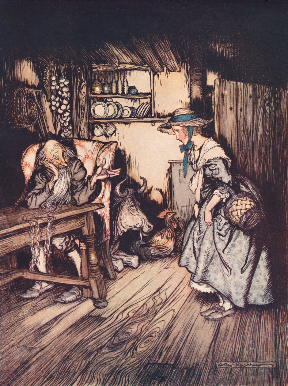 Implorou, de forma muito bonita, que lhe fosse permitido passar lá a noite. Ilustração de Arthur Rackham de Grimm