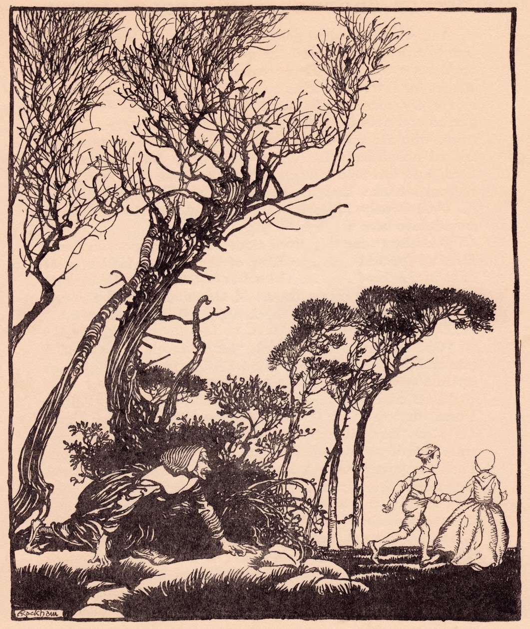 Ela rastejou atrás deles secretamente, como as bruxas se rastejam. Ilustração de Arthur Rackham de Grimm