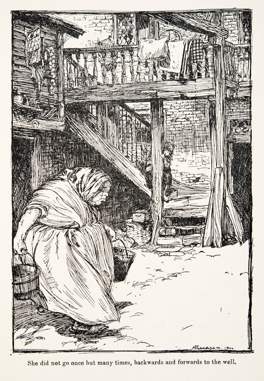 Ela não foi uma vez, mas muitas vezes, indo e voltando para o poço, de Os contos de fada dos irmãos Grimm, pub. 1909 de Arthur Rackham