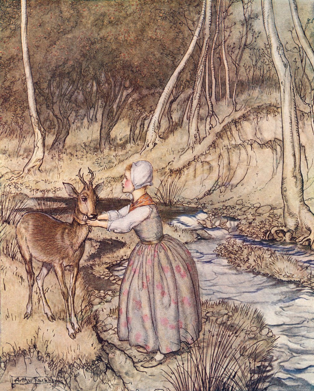 Ela tirou a sua liga dourada e colocou-a à volta do pescoço do Roe Buck. Ilustração de Arthur Rackham de Grimm